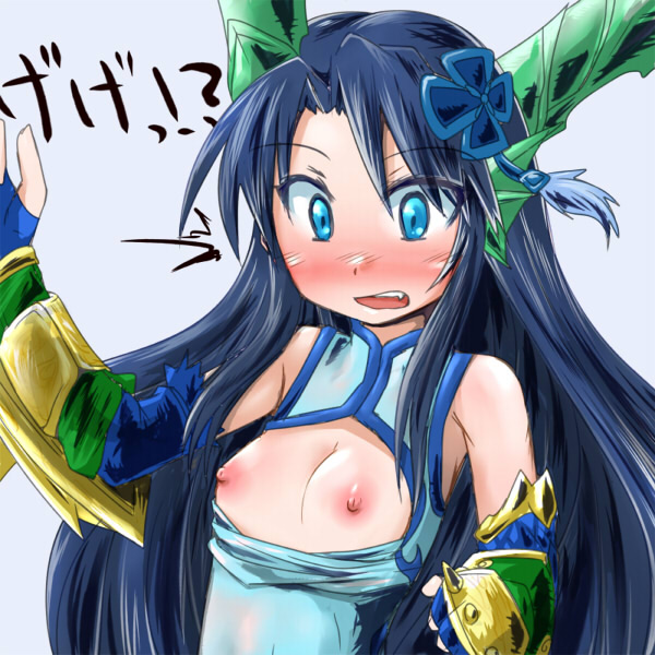 bare_shoulders black_hair blue_dress blue_eyes blue_gloves blush breasts china_dress chinese_clothes dragon_girl dragon_horns dress elbow_gloves fang fingerless_gloves gauntlets gloves hair_ornament head_fins horns ichigoya_(mazikayu) karin_(p&amp;d) long_hair looking_down nipples no_bra open_mouth puzzle_&amp;_dragons sleeveless sleeveless_dress small_breasts solo spiked_knuckles vambraces wardrobe_malfunction weapon