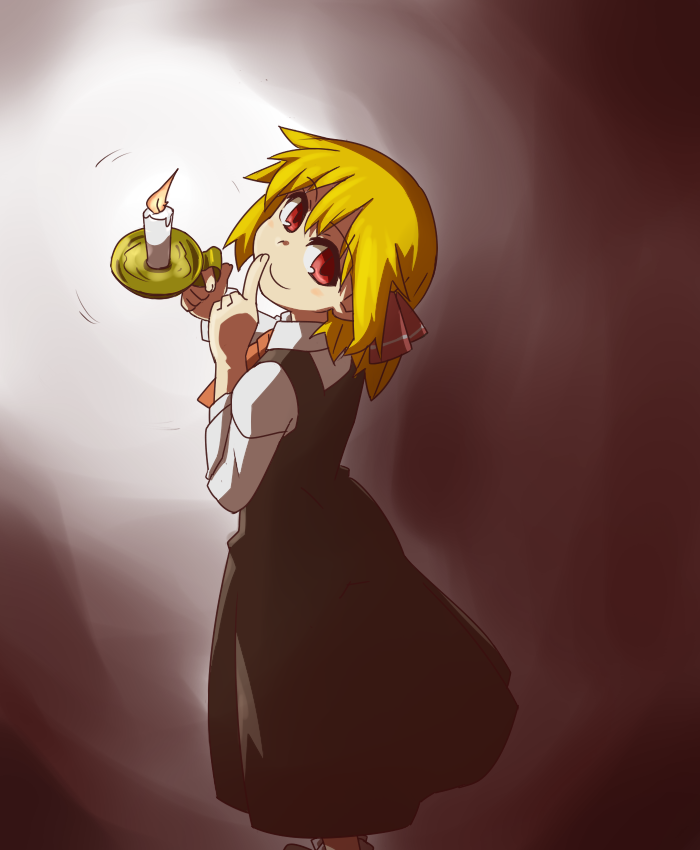 blonde_hair candle candlelight candlestand dress finger_to_mouth hair_ribbon hihachi red_eyes ribbon rumia shirt short_hair solo touhou