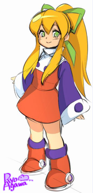 agawa_ryou artist_name blonde_hair blush boots closed_mouth commentary_request dress full_body green_eyes hair_ribbon long_hair long_sleeves looking_at_viewer ponytail red_dress ribbon rockman rockman_(classic) roll simple_background sleeves_past_wrists smile solo standing white_background wide_sleeves