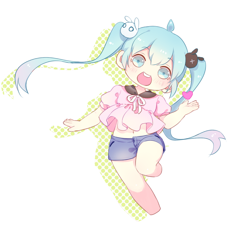:d ahoge bad_id bad_pixiv_id blue_eyes blue_hair bunny_hair_ornament casual chibi hair_ornament hatsune_miku long_hair looking_at_viewer mame_(yangqi787) navel open_mouth smile solo twintails vocaloid