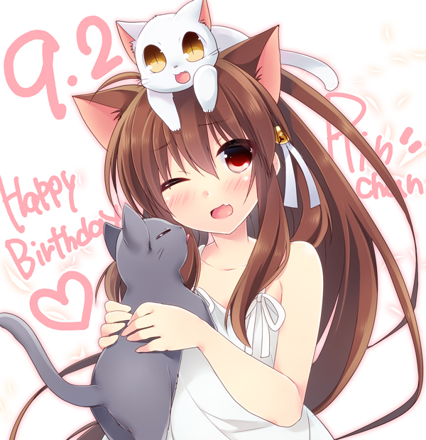 ;d animal animal_ears animal_on_head bell blush brown_hair cat cat_ears cat_on_head character_name dated dress fang hair_bell hair_ornament hair_ribbon hano_haruka happy_birthday heart holding jingle_bell lennon little_busters! long_hair natsume_rin number on_head one_eye_closed open_mouth red_eyes ribbon smile upper_body