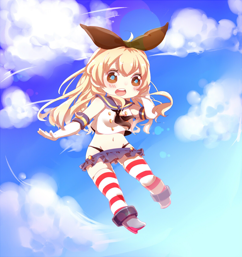 :d bad_id bad_pixiv_id blonde_hair brown_eyes elbow_gloves gloves hairband kantai_collection long_hair looking_at_viewer mame_(yangqi787) open_mouth panties pantyhose pleated_skirt school_uniform serafuku shimakaze_(kantai_collection) skirt smile solo striped striped_legwear thighhighs underwear