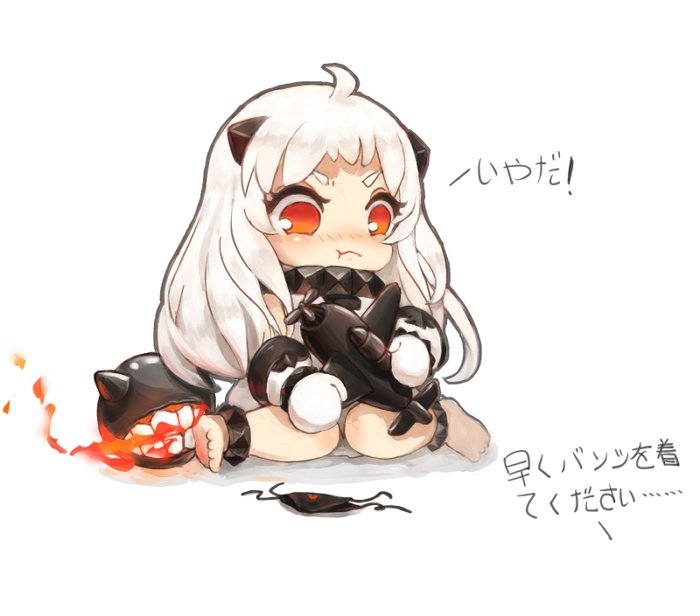 ahoge aircraft airplane anklet bad_id bad_pixiv_id black_panties blush dress error holding horns jewelry kantai_collection long_hair mame_(yangqi787) mittens northern_ocean_hime orange_eyes panties pout shinkaisei-kan side-tie_panties sitting solo translated typo underwear white_hair