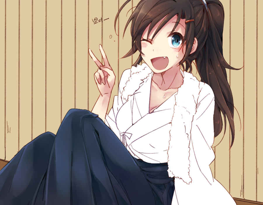 against_wall blue_eyes breasts brown_hair cleavage closers dougi fang hakama japanese_clothes medium_breasts sitting six_(fnrptal1010) solo sweat towel towel_around_neck v yuri_seo