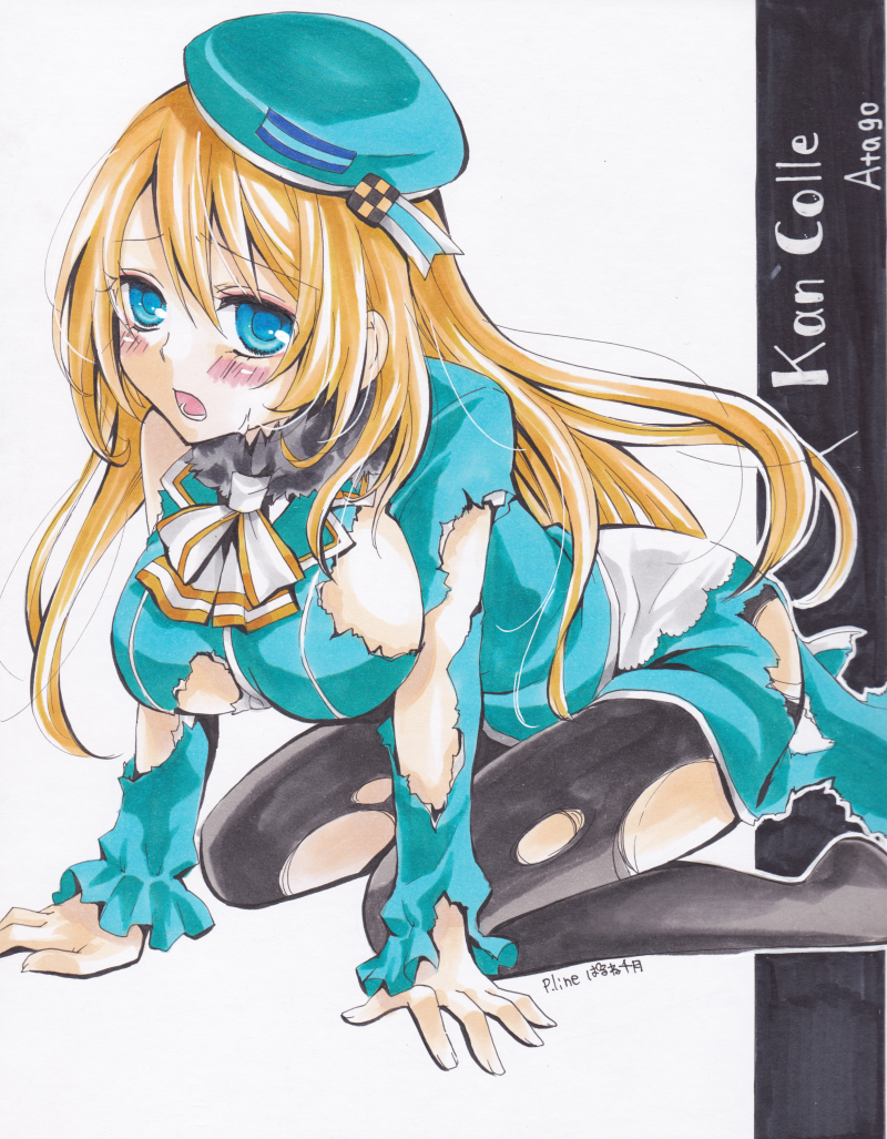 atago_(kantai_collection) beret black_legwear blonde_hair blue_eyes blush breasts character_name copyright_name hat kantai_collection large_breasts long_hair looking_at_viewer open_mouth pantyhose parune_chigetsu sitting solo torn_clothes traditional_media