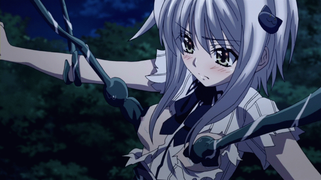 animated animated_gif breasts cat_hair_ornament hair_ornament high_school_dxd nipples official_art school_uniform short_hair silver_hair small_breasts solo toujou_koneko yellow_eyes