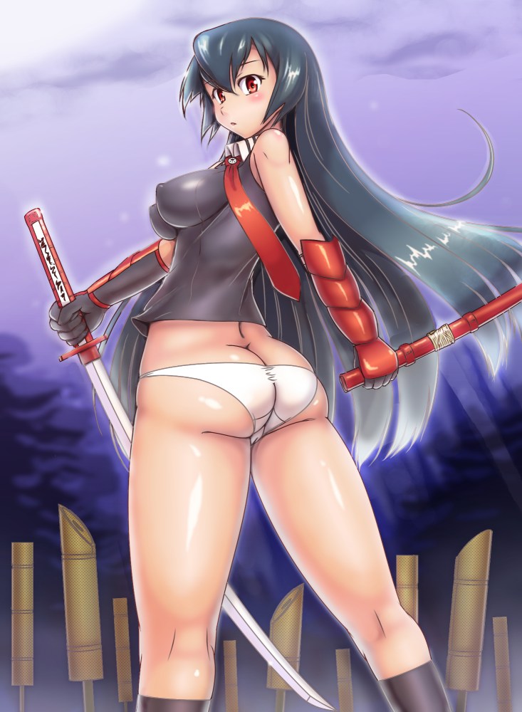 akame akame_ga_kill! arm_guards ass bare_shoulders black_hair black_legwear black_socks blush breasts butt_crack erect_nipples impossible_clothes impossible_shirt katana long_hair looking_at_viewer looking_back necktie orizen outdoors outside panties red_eyes sheath sheathed shiny shiny_clothes shiny_hair shiny_skin shirt sky socks solo surprised sword tie underwear very_long_hair weapon white_panties