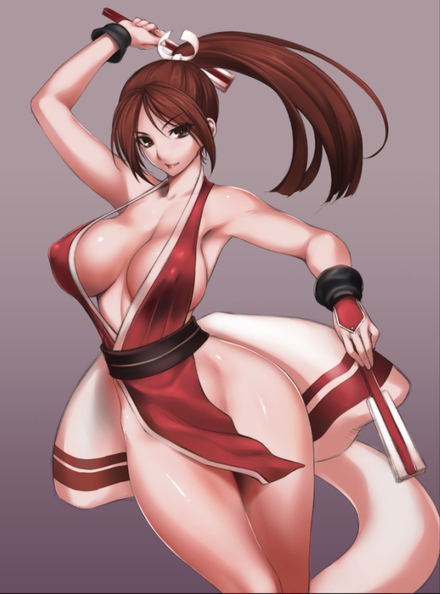 breasts brown_eyes brown_hair cleavage closed_fan covered_nipples fan fatal_fury folding_fan gradient gradient_background large_breasts light_smile long_hair looking_at_viewer no_panties pelvic_curtain ponytail raised_eyebrow rindou_(radical_dream) shiranui_mai solo the_king_of_fighters thighs wide_hips