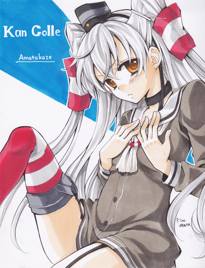 amatsukaze_(kantai_collection) artist_name blush brown_eyes character_name choker copyright_name dress hair_tubes hairband hands_on_own_chest head_tilt kantai_collection kunreishiki long_hair looking_at_viewer parune_chigetsu sailor_dress short_dress silver_hair sitting solo traditional_media two_side_up