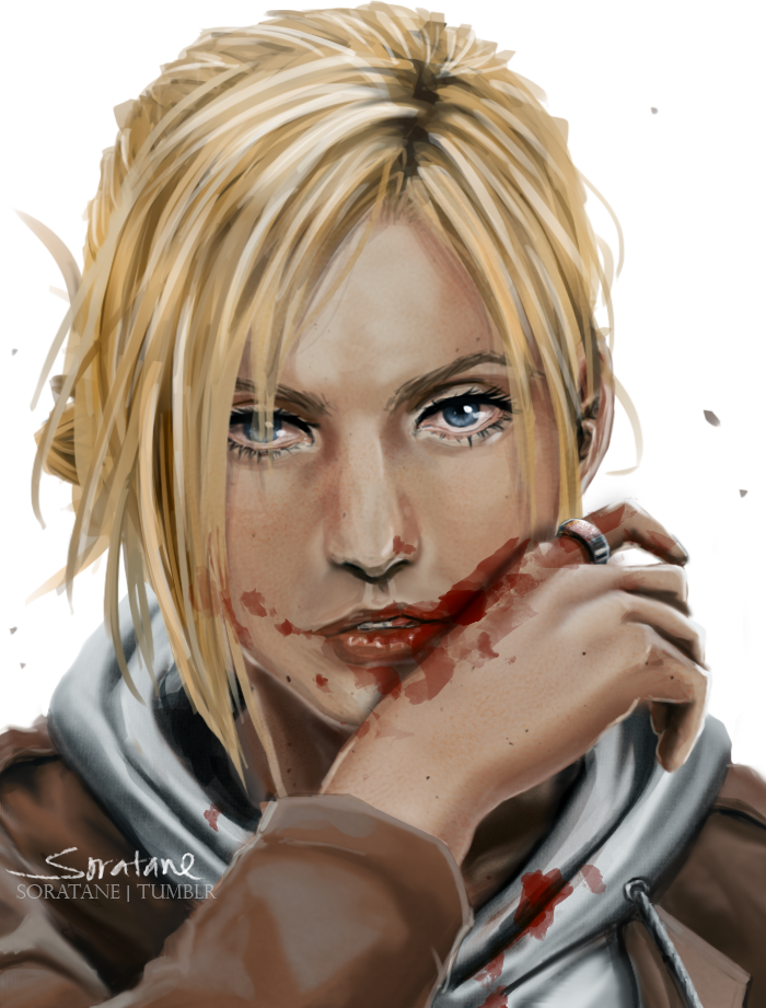 annie_leonhardt blonde_hair blood blood_on_face blue_eyes face jitome looking_at_viewer portrait realistic shingeki_no_kyojin signature simple_background solo soratane white_background wiping_face wiping_mouth
