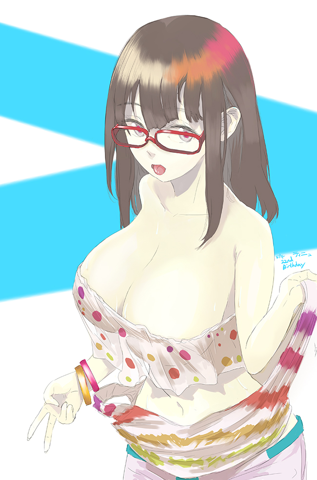 :p breasts brown_hair glasses large_breasts original red-framed_eyewear see-through sketch solo tin078 tongue tongue_out undressing