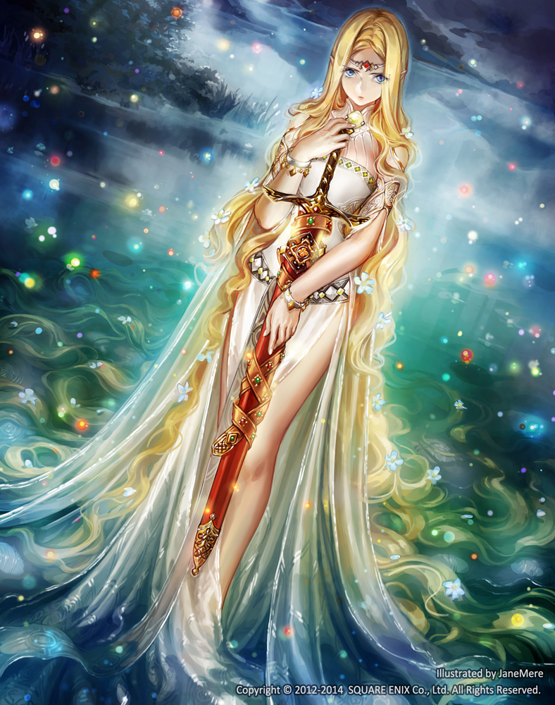 absurdly_long_hair blonde_hair blue_eyes circlet guardian_cross jane_mere legs long_hair official_art pointy_ears pout see-through solo square_enix sword very_long_hair water weapon