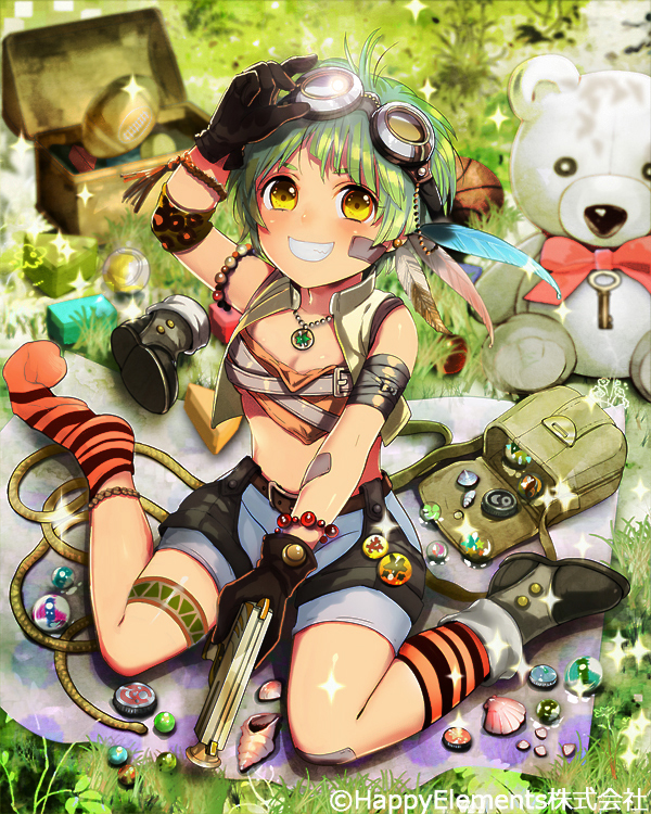 bag black_gloves blurry depth_of_field gloves goggles goggles_on_head green_hair grin gun hair_ornament handgun holding looking_at_viewer majoca_majoluna md5_mismatch midriff official_art shorts shutsuri sitting smile solo sparkle stuffed_animal stuffed_toy teddy_bear weapon yellow_eyes