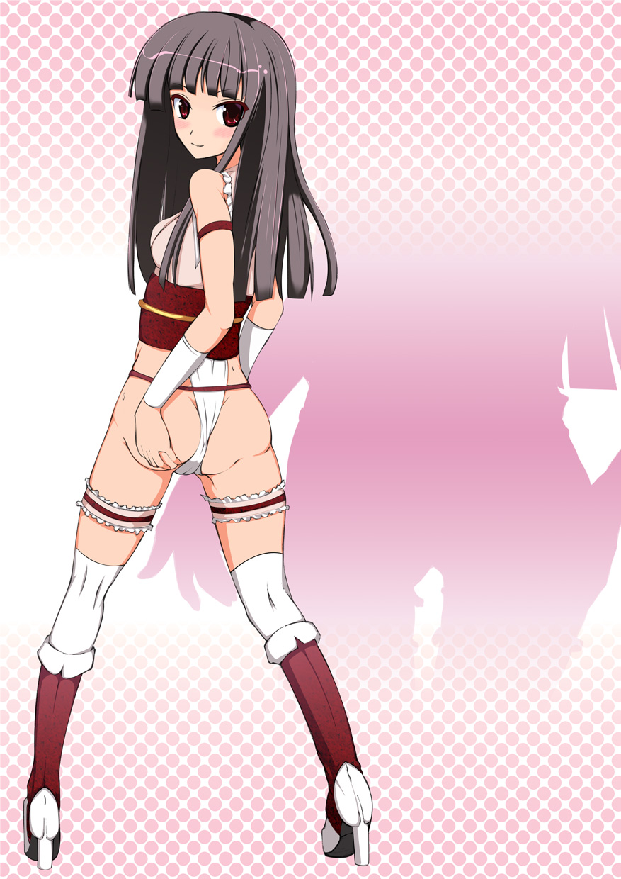1girl alternate_costume ass ass_grab bare_shoulders black_hair blush boots breasts female from_behind ganmo grabbing_own_ass high_heel_boots high_heels hime_cut houraisan_kaguya long_hair looking_at_viewer looking_back red_eyes shadow smile solo thighhighs touhou very_long_hair wrestling_outfit