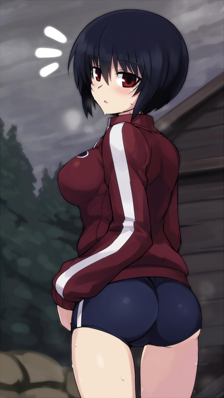 ass black_hair blush brave_witches breasts buruma jacket large_breasts looking_at_viewer non-web_source null_(nyanpyoun) open_mouth shimohara_sadako short_hair solo sweat track_jacket world_witches_series