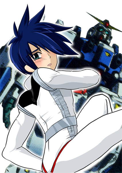 1boy artist_request blue_destiny_03 blue_eyes blue_hair blush gundam gundam_side_story:_the_blue_destiny male_focus mecha pilot_suit rinta_(rintan) solo yu_kajima