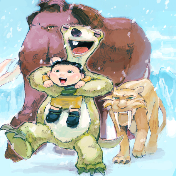 baby black_hair boots brown_hair buck_teeth child claws closed_eyes diego_(ice_age) fangs green_eyes ground_sloth ice_age_(movie) male_focus mammoth manfred_(ice_age) mountain open_mouth parted_lips roshan_(ice_age) sabertooth_cat short_hair sidney_(ice_age) sloth_(animal) smile snow snowing t_k_g teeth very_short_hair walking