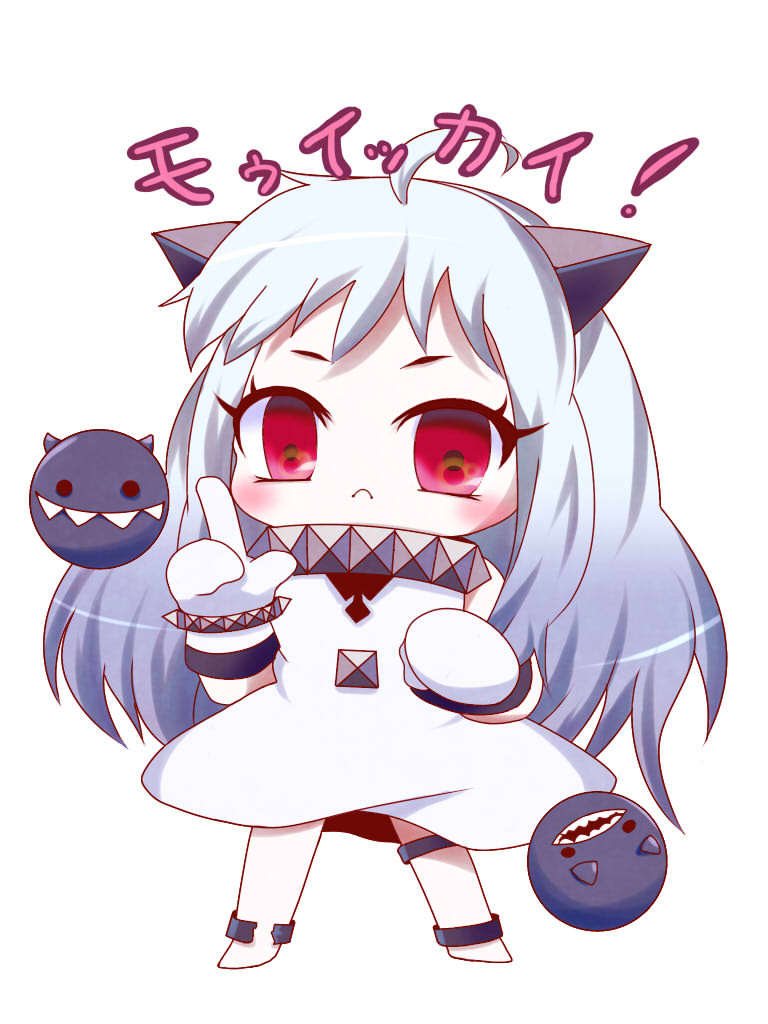 ahoge dress horns kantai_collection long_hair looking_at_viewer mittens northern_ocean_hime pointing red_eyes reona_2nd shinkaisei-kan solo translated white_dress white_hair