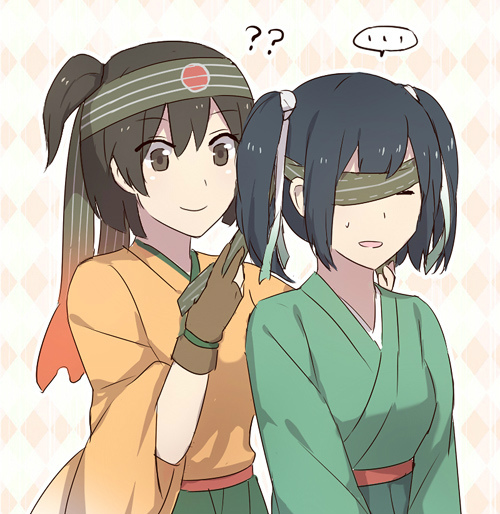 2girls ? blue_hair brown_eyes brown_hair closed_eyes gloves hachimaki headband hiryuu_(kantai_collection) japanese_clothes kantai_collection multiple_girls open_mouth remodel_(kantai_collection) side_ponytail smile souryuu_(kantai_collection) sweatdrop toruglose twintails tying_headband you're_doing_it_wrong