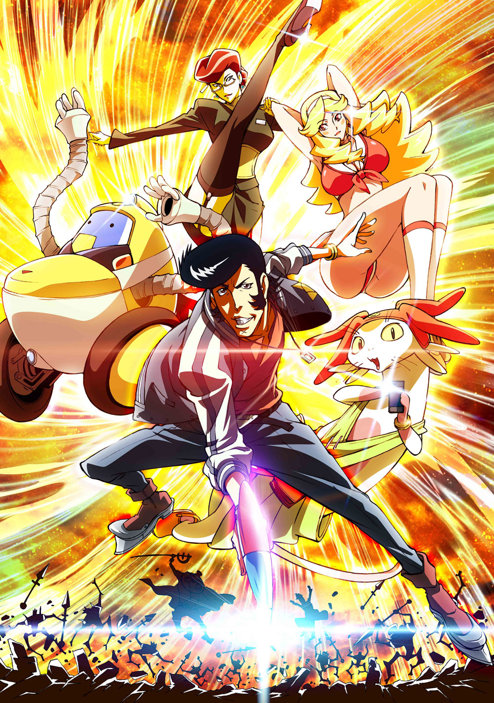 ass breasts cellphone cleavage curly_hair dandy_(space_dandy) dr._gel energy_gun explosion hairband highres honey_(space_dandy) jacket jewelry lens_flare meow_(space_dandy) official_art phone pompadour qt_(space_dandy) ray_gun robot scarlet_(space_dandy) smartphone space_dandy tail thighhighs weapon
