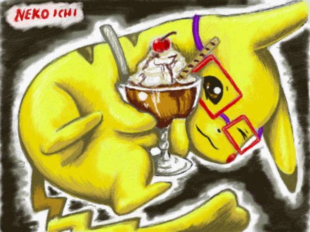gen_1_pokemon glasses ice_cream no_humans non-web_source pikachu pokemon pokemon_(creature)