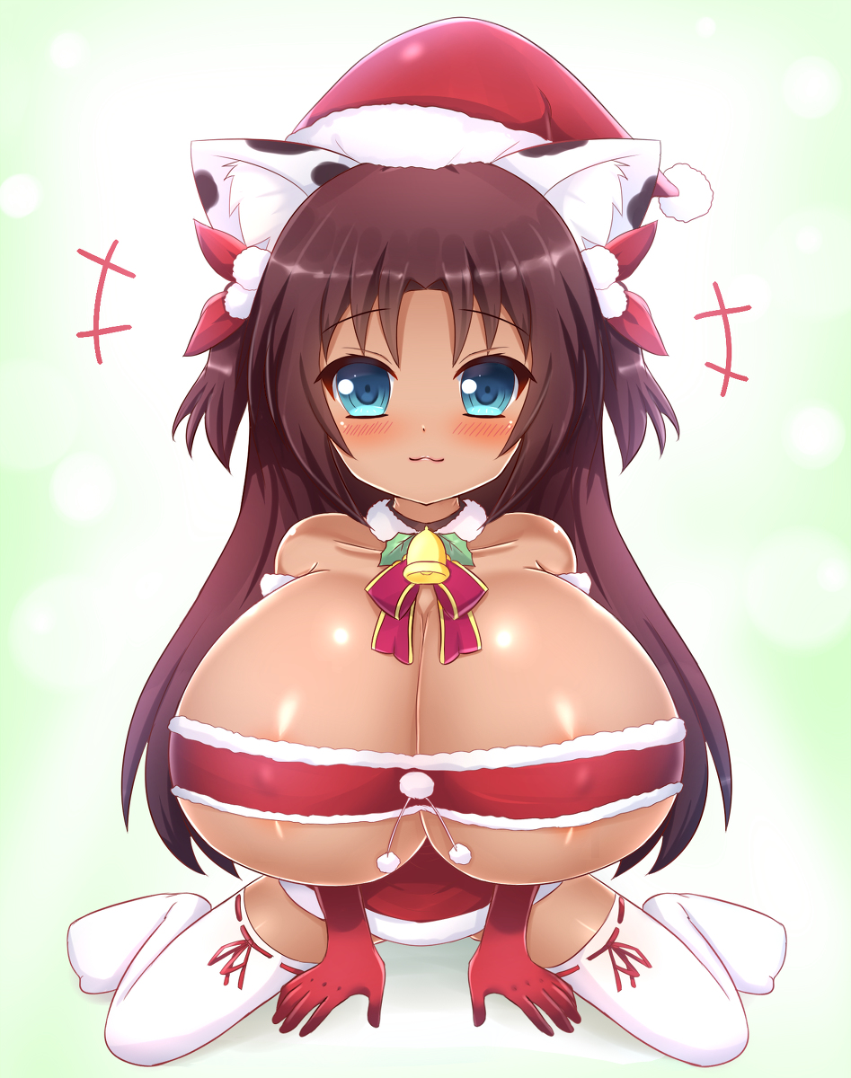 1girl :3 animal_ears animal_print areola_slip areolae bare_shoulders bell bell_collar between_legs blue_eyes blush bobblehat body bow bow_legwear breasts brown_hair cat_ears cat_tail christmas cleavage collar cow_print dark_skin detached_collar elbow_gloves erect_nipples female full fur_trim gloves hair_bow hair_ornament hand_between_legs happy hat huge_breasts kane-neko legs_apart long_hair looking_at_viewer miniskirt original pom_pom_(clothes) pov red_gloves ribbon ribbon_legwear santa_costume santa_gloves santa_hat shiny shiny_hair shiny_skin sitting skirt smile solo strapless tail thighhighs tubetop two_side_up underboob wariza white_legwear zettai_ryouiki