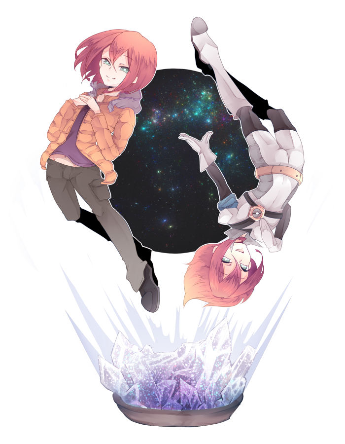 boots dual_persona gloves green_eyes inazuma_eleven inazuma_eleven_(series) kiyama_hiroto male_focus multiple_boys navel open_mouth red_hair sakurapain6918 simple_background sky smile star_(sky) starry_sky the_genesis white_background