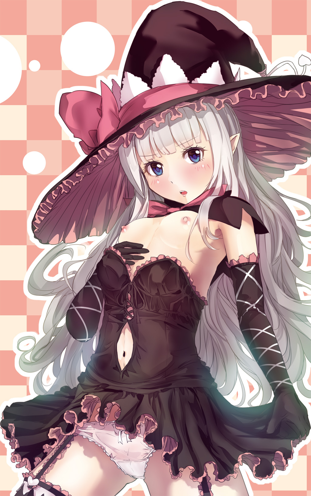 blue_eyes blush culter dress dress_pull elbow_gloves flat_chest garter_straps gloves hat highres long_hair melty_(shining_hearts) navel nipples panties pointy_ears pulled_by_self shining_(series) shining_hearts silver_hair solo thighhighs underwear witch_hat