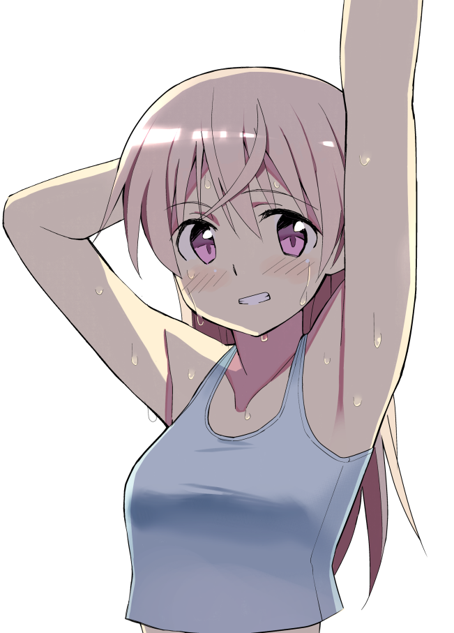 arm_up armpits blush collarbone crop_top eila_ilmatar_juutilainen glastonbury1966 grin hand_behind_head long_hair purple_eyes silver_hair simple_background smile solo strike_witches tank_top water wet white_background world_witches_series