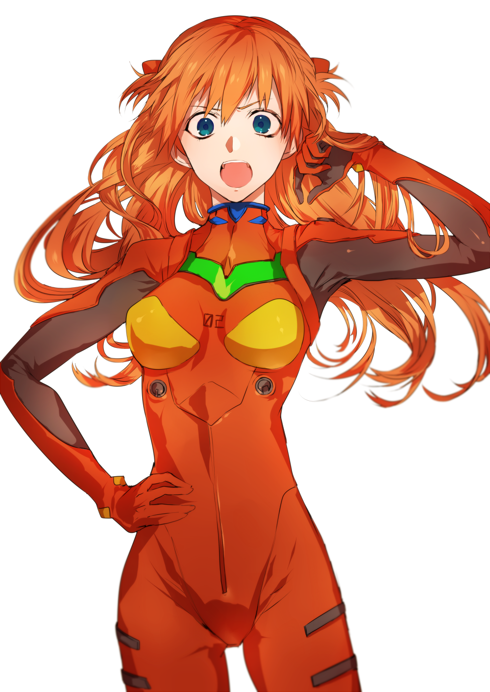:o adjusting_hair angry bangs blue_eyes blurry bodysuit breasts cowboy_shot depth_of_field gloves hair_ornament hand_on_hip hand_up highres long_hair looking_at_viewer medium_breasts neon_genesis_evangelion number open_mouth orange_hair pilot_suit plugsuit rebuild_of_evangelion revision shikinami_asuka_langley shouting simple_background skinny smile solo souryuu_asuka_langley tcb turtleneck two_side_up v-shaped_eyebrows white_background