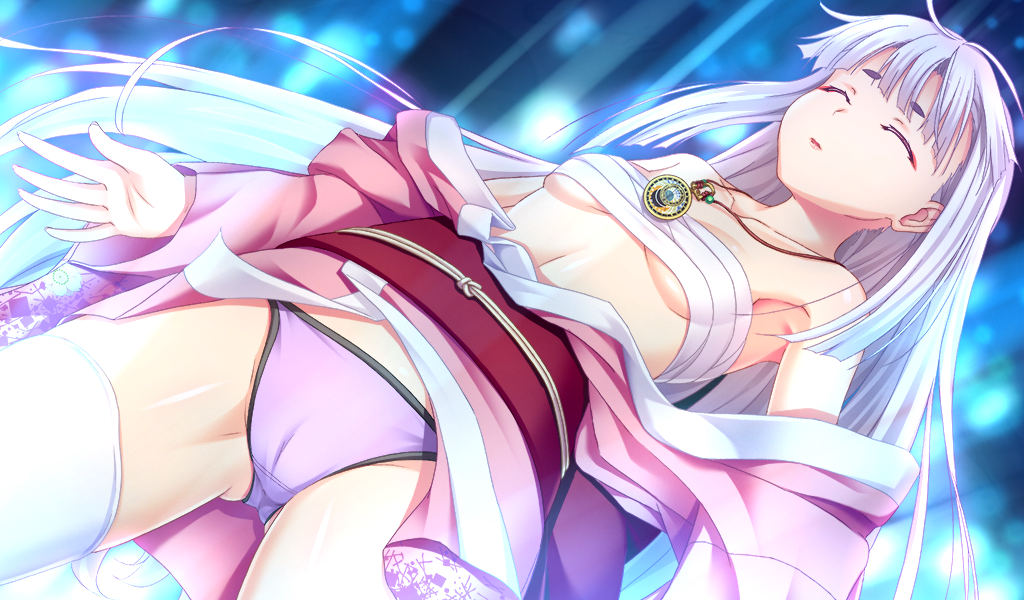 breasts cameltoe choco_chip closed_eyes dutch_angle game_cg ibaraki japanese_clothes jewelry kimono long_hair namaiki_~kissuisou_e_youkoso!~ necklace off_shoulder panties purple_panties sarashi small_breasts solo thighhighs underboob underwear white_hair white_legwear