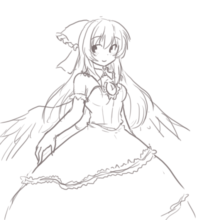 adapted_costume bow detached_collar dress elbow_gloves gloves hair_bow isaki_(gomi) long_hair monochrome reiuji_utsuho sketch smile solo third_eye touhou wedding_dress wings