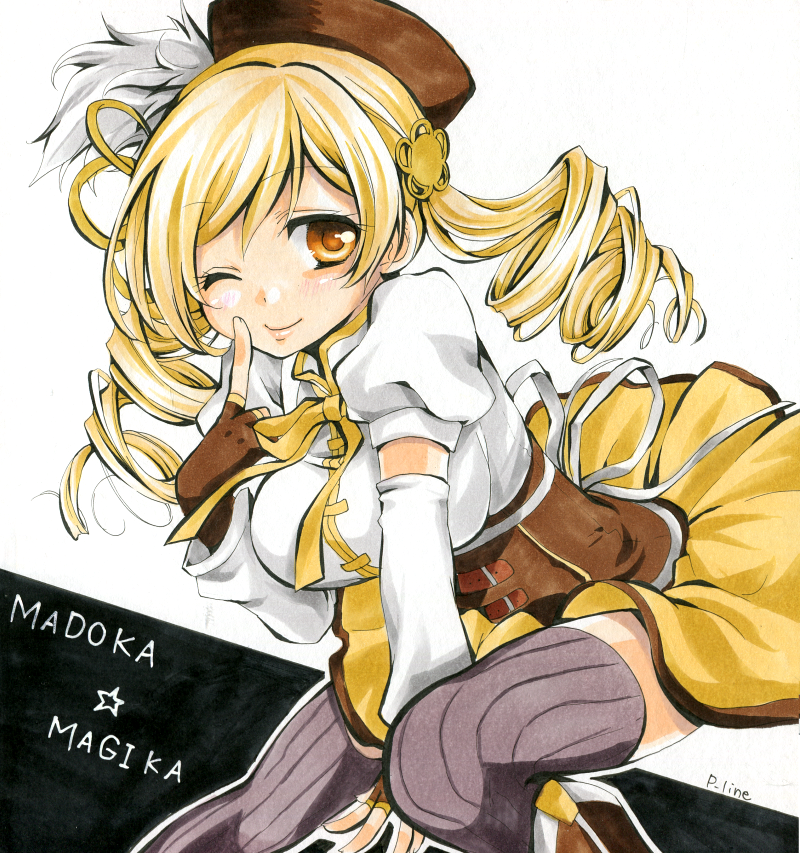 ;) blonde_hair breasts copyright_name detached_sleeves drill_hair finger_to_cheek fingerless_gloves gloves hat long_hair looking_at_viewer magical_girl mahou_shoujo_madoka_magica medium_breasts one_eye_closed parune_chigetsu smile solo tomoe_mami twin_drills yellow_eyes