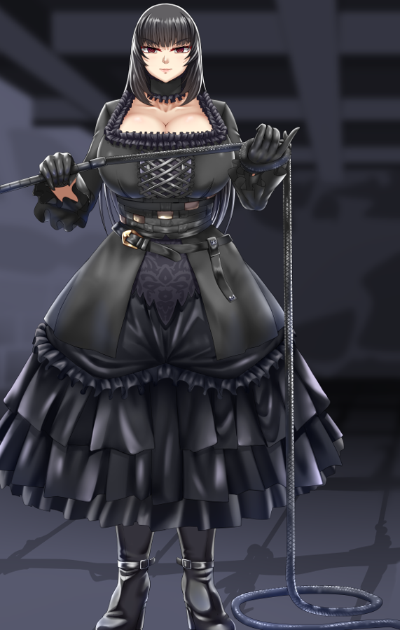 bangs belt black_collar black_dress black_gloves black_hair boots breasts cleavage closed_mouth commentary_request curvy dress facing_viewer frills funeral_dress gloves gothic gothic_lolita high_heel_boots high_heels holding_whip huge_breasts indoors lolita_fashion looking_at_viewer original red_eyes standing whip yu02j0