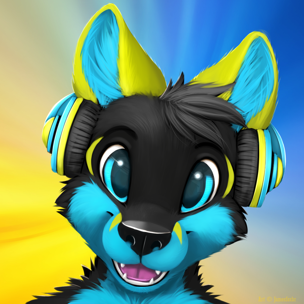 2014 anthro blue_eyes canine fox fur hair happy headphone jamesfoxbr looking_at_viewer male mammal open_mouth plain_background smile solo tongue