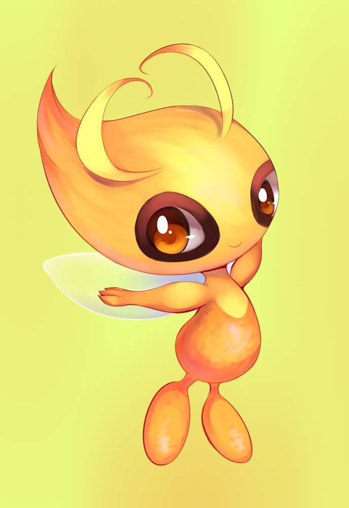 2014 alternate_color ambiguous_gender celebi joltik_(artist) legendary_pok&eacute;mon looking_at_viewer nintendo orange_body orange_eyes plain_background pok&eacute;mon smile solo video_games