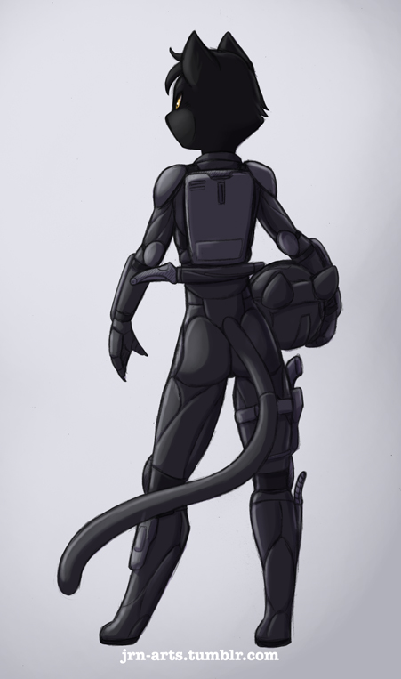 2014 ambiguous_gender anthro black_fur butt cat feline fur gun hair helmet jay_naylor knife long_tail mammal midnight_(jay_naylor) plain_background ranged_weapon short_hair solo space_suit weapon