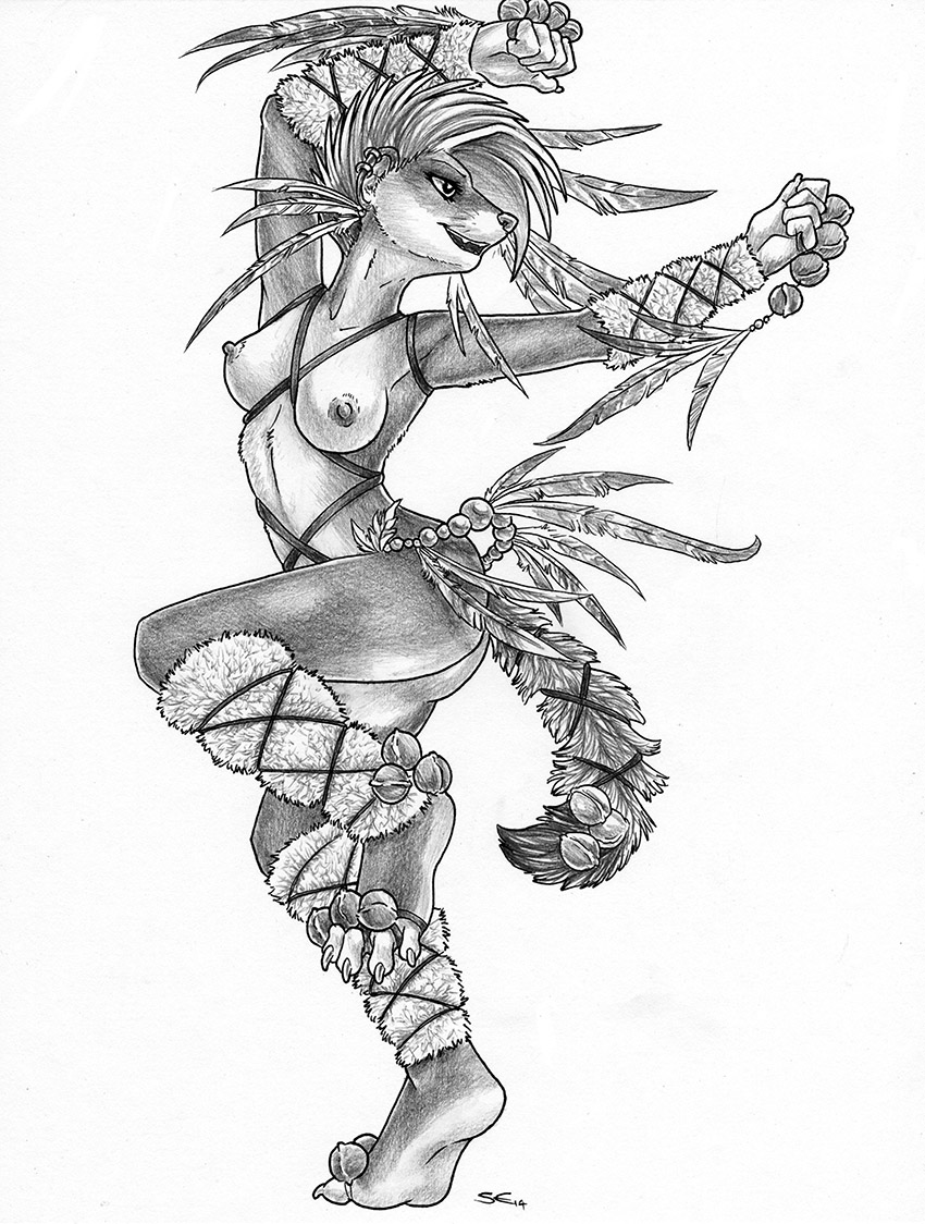 2014 breasts clothed clothing dancing ear_piercing feathers female jewelry mammal monochrome mustelid nipples nude piercing sabretoothed_ermine sketch skimpy smile solo traditional_media tribal weasel