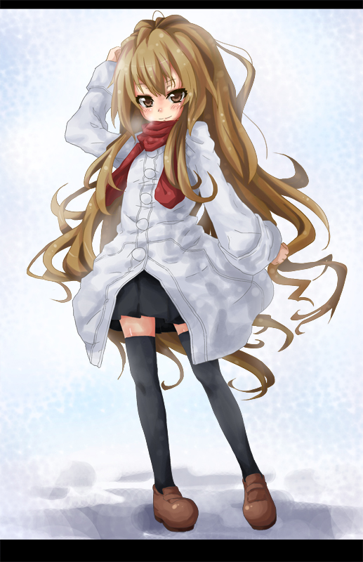 aisaka_taiga bad_id bad_pixiv_id black_legwear breath brown_eyes brown_hair chonbo_(artist) coat full_body letterboxed long_hair red_scarf scarf skirt solo thighhighs toradora! very_long_hair winter_clothes