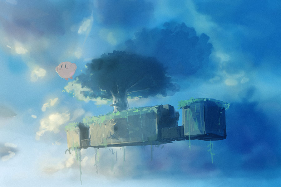 bad_pixiv_id faux_traditional_media island kirby kirby_(series) no_humans scenery sky stage super_smash_bros. uichi whispy_woods