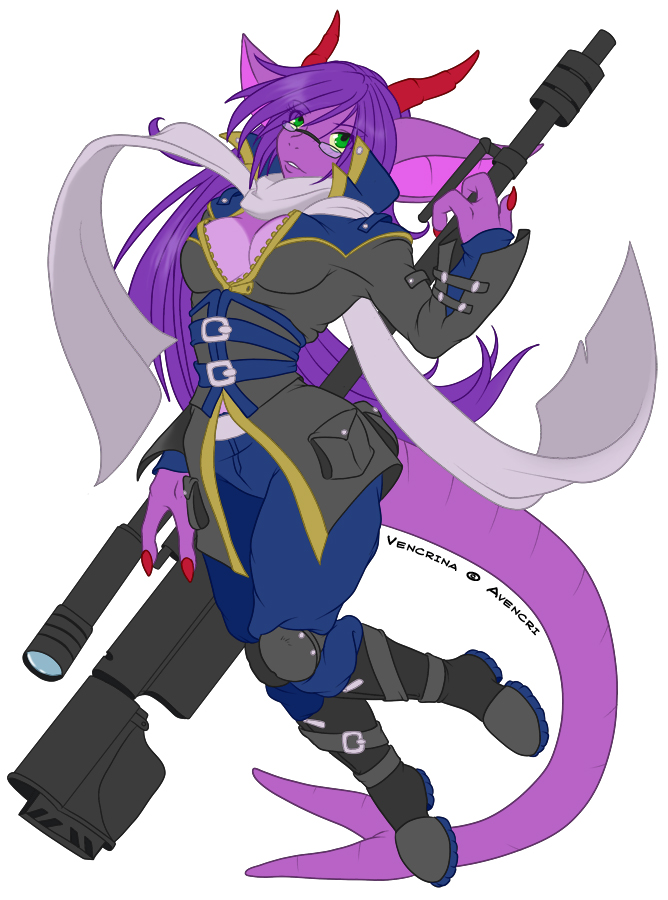 3_fingers anthro avencri big_ears boots breasts cleavage clothed clothing dragon eyewear female glasses green_eyes hair horn jacket long_hair pants purple_body purple_hair scalie scarf sniper_rifle vencrina wide_hips zipper