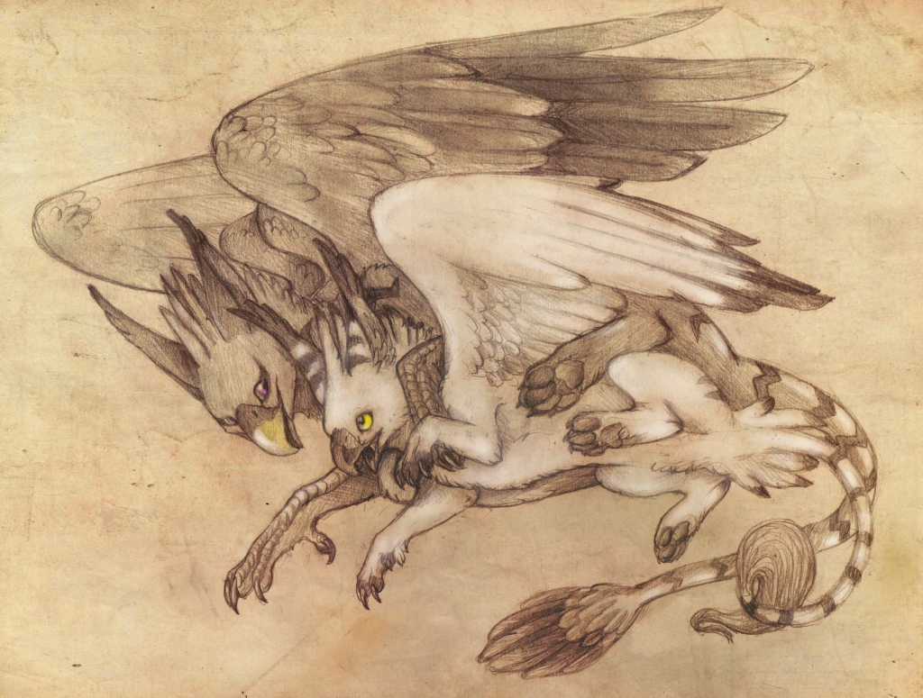avian beak blajn claws feathers female feral gryph000 gryphon open_mouth plain_background size_difference wings