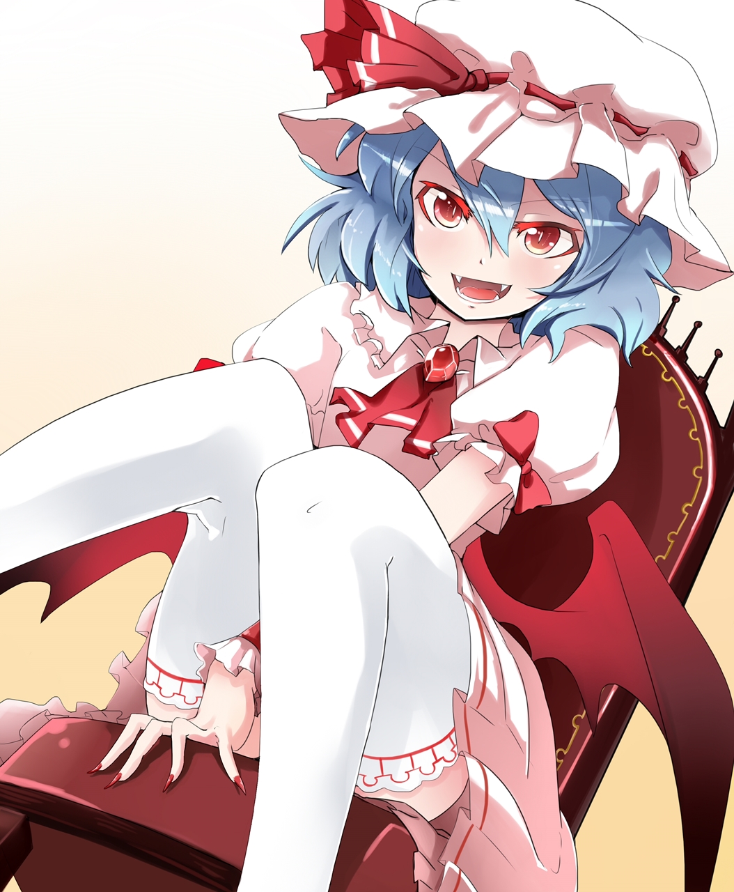 ascot bat_wings blue_hair bow chair dress fangs hat hat_bow hat_ribbon highres mob_cap nobu_baka open_mouth red_bow red_eyes red_ribbon remilia_scarlet ribbon short_hair sitting smile solo thighhighs touhou white_legwear wings