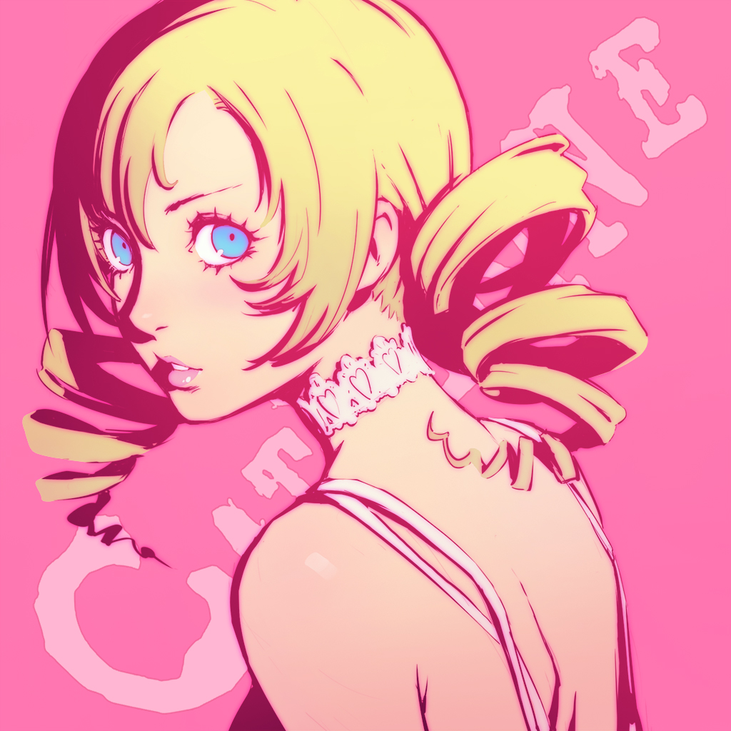 bare_shoulders blonde_hair blue_eyes catherine catherine_(game) character_name collar copyright_name drill_hair flat_color ilya_kuvshinov lips long_hair looking_at_viewer looking_back solo twin_drills