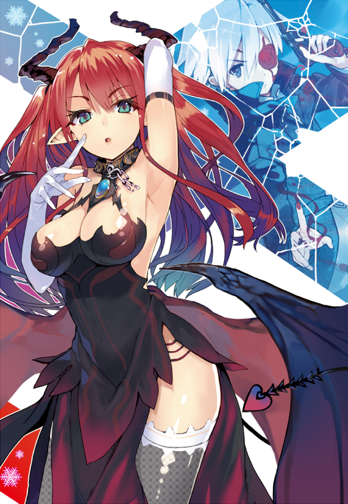 1girl adashino_kouta arm_up armpits black_dress black_legwear blood breasts cleavage cover cover_page demon_girl demon_tail demon_wings dress elbow_gloves eyepatch gloves green_eyes gun handgun horns kakute_yoake_no_daybreaker large_breasts long_hair looking_at_viewer low_wings merian_(kakute_yoake_no_daybreaker) novel_cover official_art pointy_ears red_hair shirabi side_slit tail thighhighs two_side_up weapon white_gloves wings