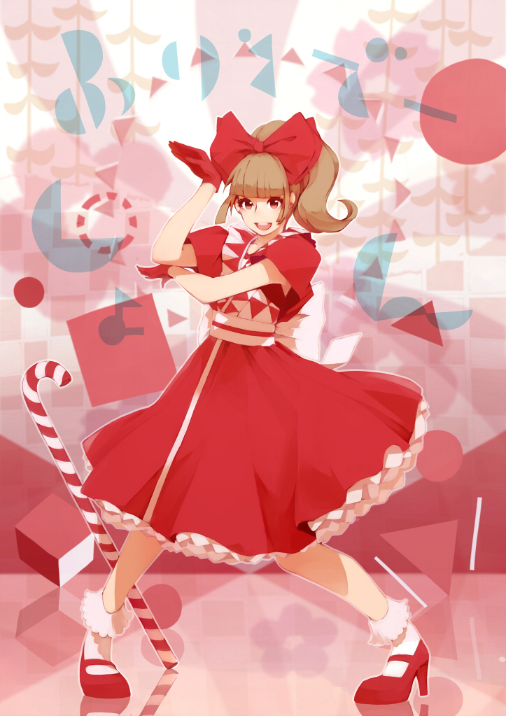 bow candy candy_cane dress food gloves hair_bow hanaji kyary_pamyu_pamyu looking_at_viewer mary_janes open_mouth ponponpon pose shoes side_ponytail smile solo