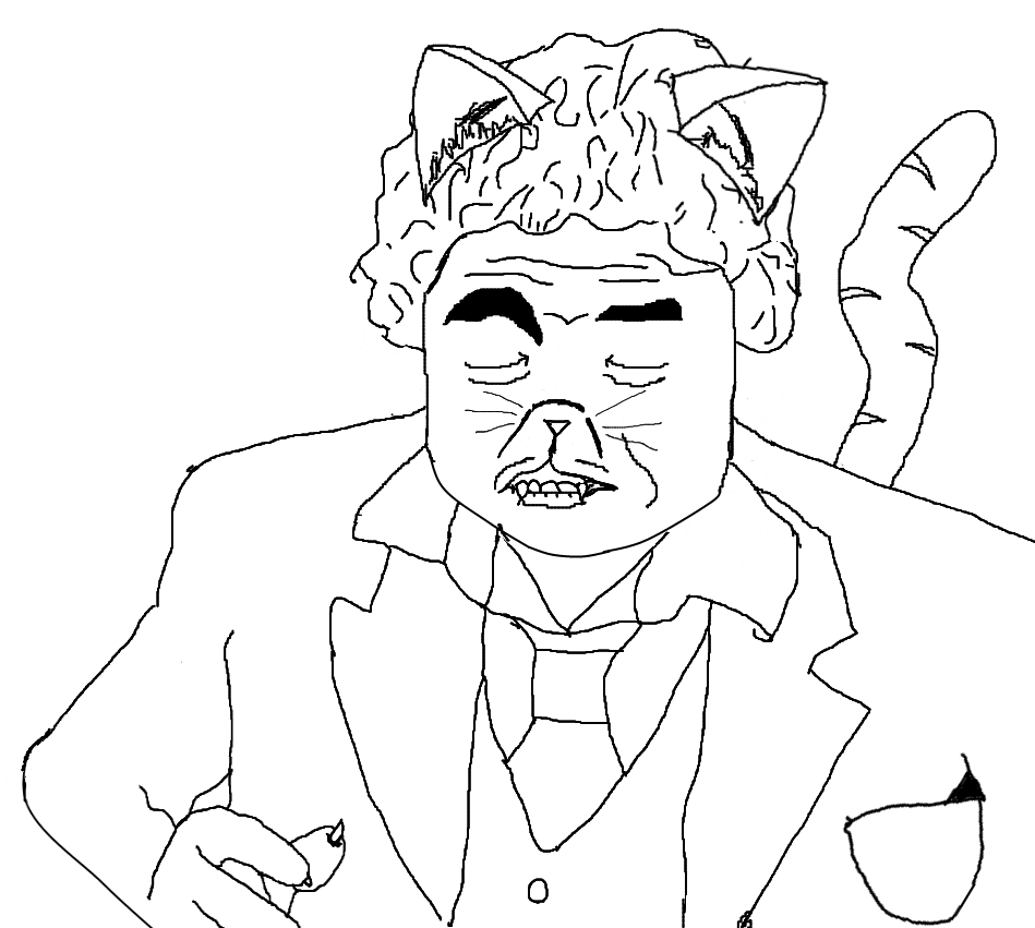 anthro cat claws curly_hair ear_fluff eyes_closed feline jontron_(copyright) ketsuki_shine lip_bite male mammal necktie persian_(breed) plain_background pocket raised_eyebrow sketch striped_tail stripes suit teeth video_games whiskers white_background