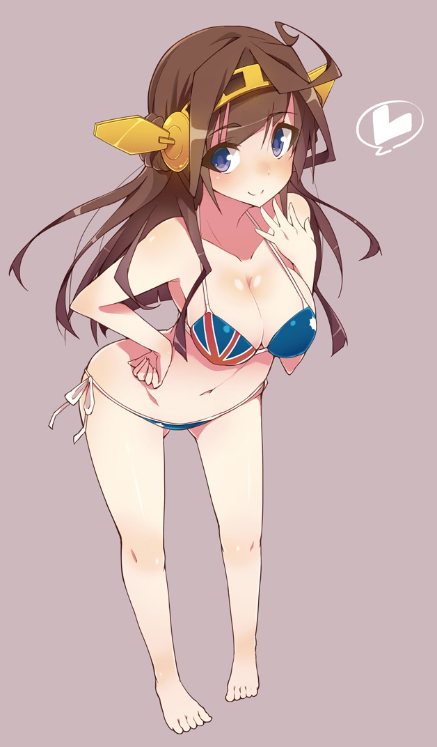 ahoge alternate_costume ass_visible_through_thighs australia australian_flag australian_flag_bikini barefoot bikini breasts brown_hair cleavage flag_print full_body hairband heart kantai_collection kongou_(kantai_collection) large_breasts leaning_forward long_hair looking_at_viewer maze_(gochama_ze_gohan) navel pigeon-toed print_bikini side-tie_bikini simple_background smile solo spoken_heart standing swimsuit union_jack