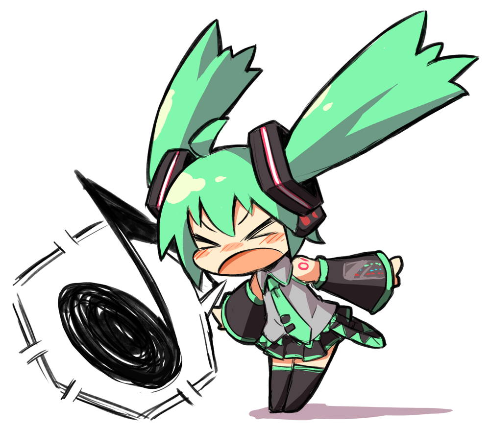 &gt;_&lt; chibi closed_eyes detached_sleeves eighth_note green_hair gunjima_souichirou hatsune_miku long_hair musical_note necktie open_mouth solo spoken_musical_note thighhighs twintails vocaloid wide_sleeves