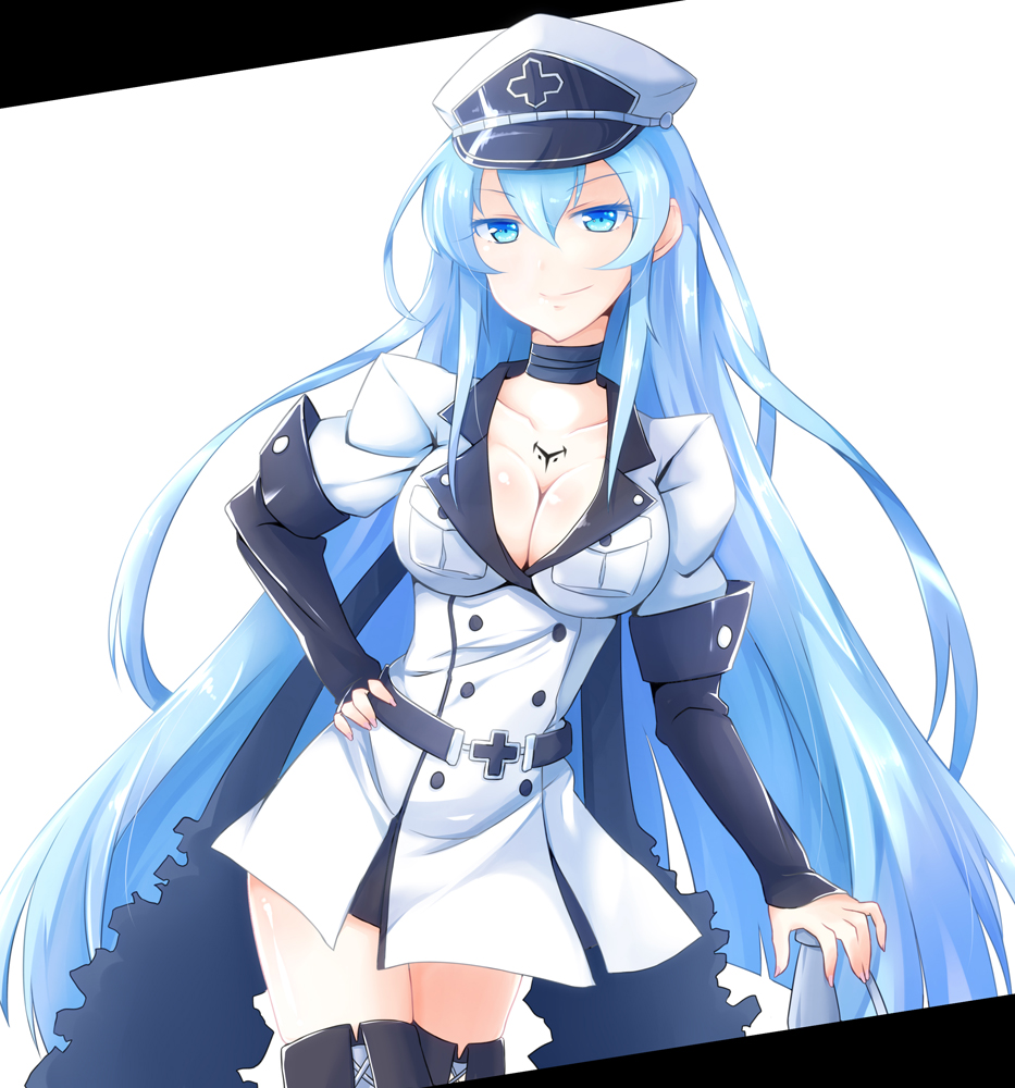 akame_ga_kill! blue_eyes blue_hair boots breasts choker cleavage cowboy_shot esdeath hat large_breasts long_hair military military_uniform peaked_cap ripe.c smile solo thigh_boots thighhighs uniform very_long_hair